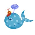 Cute blue whale icon. Funny fish in a cap. The whale splashes out a fountain of water. Cartoon, children\'s illustration Royalty Free Stock Photo