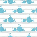 Cute blue whale seamless pattern on striped background Sea seamless background Baby fabric cloth design