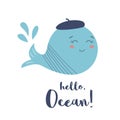 Cute whale text Hello ocean Cute baby print Artistic graphic poster Funny whale character Sea nursery Wall art decoration