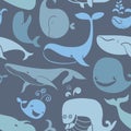 Cute Blue Whales. Marine seamless background.