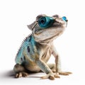 Cute Blue Yellow Chameleon with Funny-Looking Blue Sunglasses Isolated on White Background