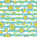 Cute blue and yellow flowers seamless pattern on striped background vector design for fabric clothes background Royalty Free Stock Photo