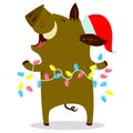 Cute boars or warthog character with Christmas garland. Vector i