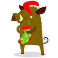 Cute boars or warthog character with Christmas stocking. Vector