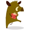 Cute boars or warthog character with gift box. Vector illustration with pig Royalty Free Stock Photo