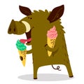 Cute boars or warthog character with ice cream. Vector illustration with wild pig eating dessert. Royalty Free Stock Photo