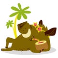 Cute boars or warthog character on relax in tropicat paradise. V