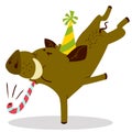 Cute boars or warthog charactercelebrating birthday. Vector illustration with pig with party horn and hat.