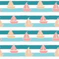 Cute boats on blue stripes background. seamless pattern illustration Royalty Free Stock Photo