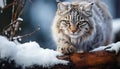 Cute bobcat sitting in snow, staring at camera generated by AI