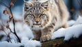 Cute bobcat sitting on snowy branch, looking fierce generated by AI