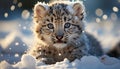 Cute bobcat staring, fur covered in snow, in tranquil forest generated by AI Royalty Free Stock Photo