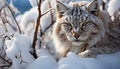 Cute bobcat in winter forest, looking at camera generated by AI