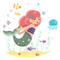 Cute bodypositive mermaid girl swimming in sea ocean water bottom character icon flat design vector illustration Royalty Free Stock Photo