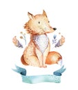 Cute bohemian baby cartoon fox animal for kindergarten, woodland nursery isolated decoration forest illustration for