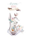 Cute bohemian baby cartoon rabbit animal for kindergarten, woodland nursery isolated bunny forest illustration for