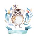 Cute bohemian baby owl animal for kindergarten, woodland nursery isolated decoration forest owls illustration for