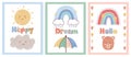 Cute bohemian rainbows banners. Kids greeting cards. Positive text. Happy smiling faces. Scandinavian primitive Boho