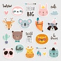 Cute boho animals set. Hand drawn characters, handwritten letterings and other elements. V Royalty Free Stock Photo