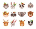 Cute boho baby animal faces and arrows isolated cliparts set Royalty Free Stock Photo