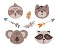 Cute boho baby animal faces and arrows isolated cliparts set Royalty Free Stock Photo