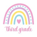 Cute boho colorful third grade rainbow with heart on white background. Isolated illustration