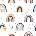 Cute boho rainbows seamless pattern. Hand drawn cartoon colors childish weather elements, rainbow and star nursery decor