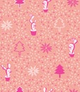 Cute bold pink modern minimal Christmas cacti snowman vector seamless pattern background.