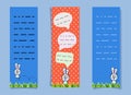 Cute bookmarks with bunny and conversational bubbles. Vertical banners. Rabbit jumping on the grass. funny hare for notebooks Royalty Free Stock Photo