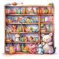 Cute bookshelf with books and toys. Watercolor illustration