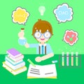 Cute bookworm boy learning concept with colorful text box speech bubble in green background