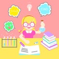 Cute bookworm girl learning concept with colorful text box speech bubble in pink background