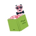 Cute Bookworm in glasses with book. cartoon character worm.