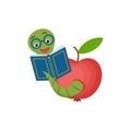 Cute bookworm with glasses jumps out of an apple and reads book, isolated on white background. Education concept. Vector Royalty Free Stock Photo