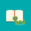 Cute bookworm with glasses near an open book, , isolated on blue background. Education concept. Vector cartoon