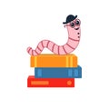 Cute Bookworm in glasses on stack of books. cartoon character worm.