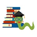 Cute bookworm in glasses wearing a graduate cap near a stack of colorful books, isolated on white background. Education