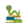 Cute bookworm near stack of books, isolated on white background. Knowledge, education, studying concept. Vector flat