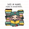 Cute bookworm Student Girl reading book surrounded by Stacks of Books. Joyful Reading vibrant color Cartoon Doodle Royalty Free Stock Photo