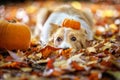 Cute border collie dog with pumpkins
