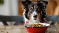 Adorable border collie eating from a bowl, moment of pet's mealtime captured. perfect image for pet care and