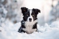 Cute Border collie puppy playing in snow.