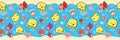 Cute border with yellow jellyfish and orange starfish playing with bubbles. Seamless vector pattern on blue plant