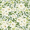 Cute botanical floral seamless pattern background with bouquets of rustic white roses flowers and green leaves branches Royalty Free Stock Photo