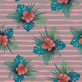 Cute botanical seamless pattern with hibiscus flower and palm leaves vintage trendy background vector illustration for women Royalty Free Stock Photo