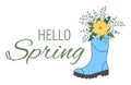Cute bouquet in blue rubber boots. Gardening boot with flowers. Spring Concept Royalty Free Stock Photo
