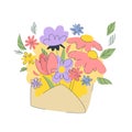 Cute bouquet of flowers with leaves in an envelope. Beautiful spring flowers in an envelope. Flower present.