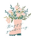 Cute bouquet in pink rubber boots. Spring romantic card with stylish calligraphy - `Happy gardening`. Vector illustration.