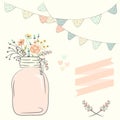 Cute bouquet of wedding flowers in a glass jar. Vector illustrat Royalty Free Stock Photo