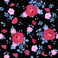 Cute bouquets of large crimson and small pink roses with blue leaves on black background with tiny white polka dots